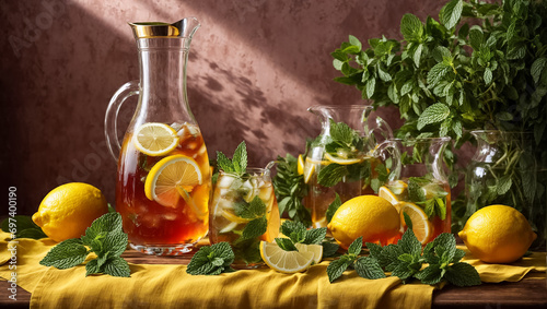 Cold tea with lemon and mint on the table in glass gourmet