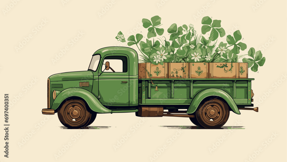A truck with two shamrocks and a leaf on it