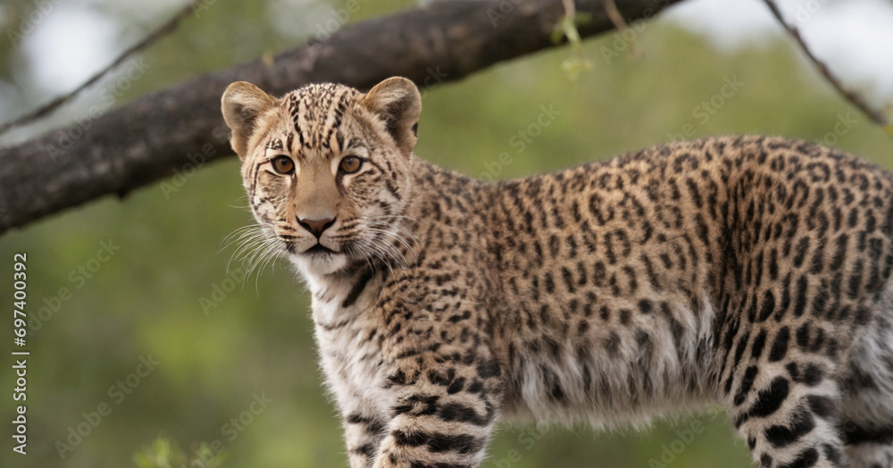 An adorable photo capturing the innocence of a young leopard cub in the wild. An adorable photo capturing the innocence of a young leopard cub in the wild.