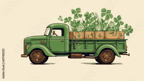 A truck with two shamrocks and a leaf on it