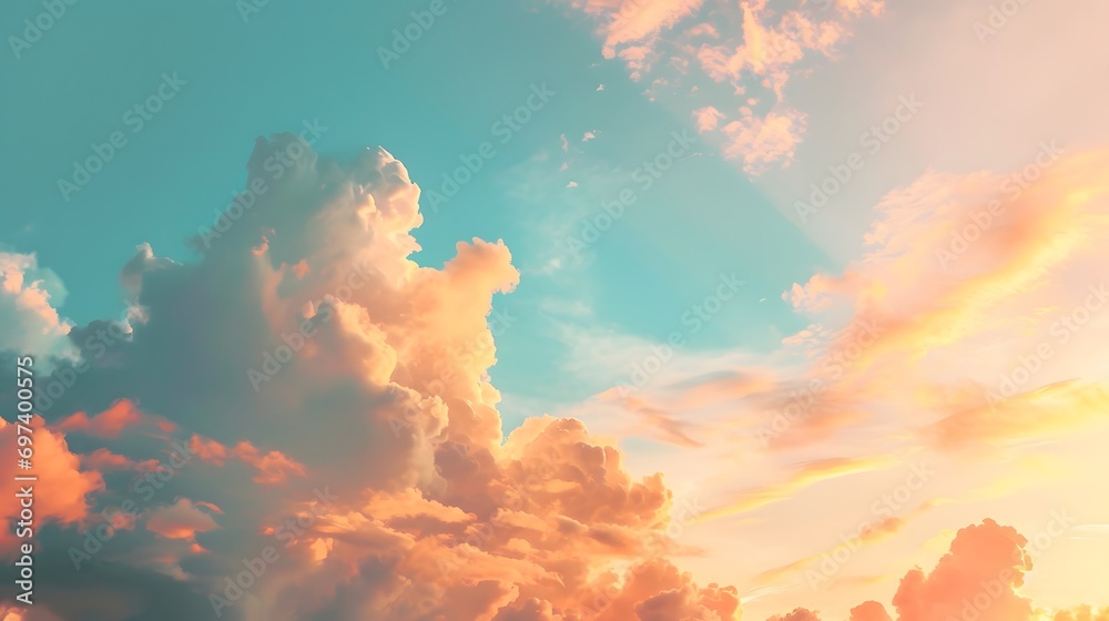 Golden sunlight, blue sky and orange clouds