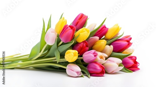 A bouquet of colourful tulips isolated on a white background. Copy space