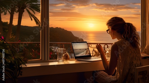 Remote home worker with amazing view of the sea