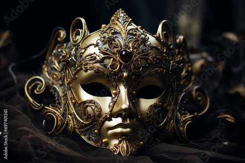 Elaborate Venetian Mask with Intricate Gold Detailing, Carnival, Mask