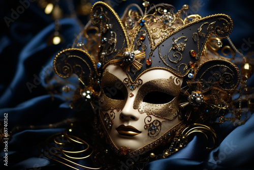 Elaborate Venetian Mask with Intricate Gold Detailing, Carnival, Mask