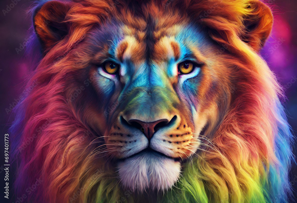 face of lion in rainbow color 4k