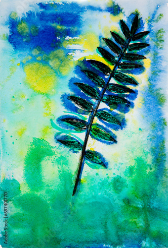 abstract hand painted botanical art - leaves and plants painted on paper with watercolors - original artwork