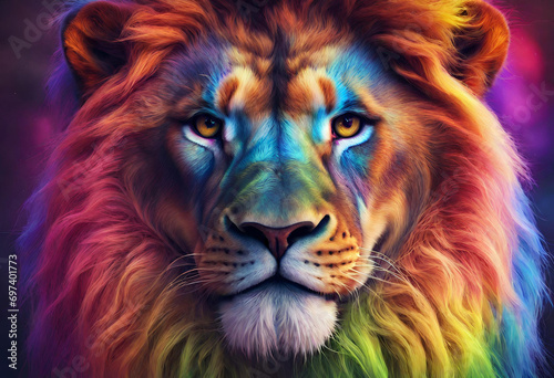 face of lion in rainbow color 4k