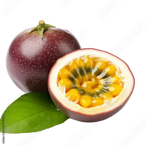 fresh organic passion fruit cut in half sliced with leaves isolated on white background with clipping path photo