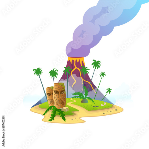 Volcano eruption. Island with volcano and wooden idolsVector cartoon illustration.