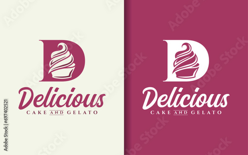 Delicious cake and gelato logo design. Abstract initial letter D Combined with sweet gelato or cake concept.