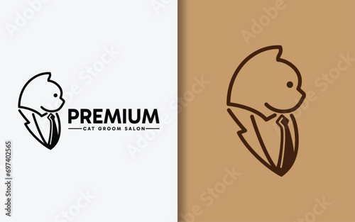 Premium Cat Groom Logo Design. Abstract Minimalist Cat Pose Wearing Suit Logo Concept.