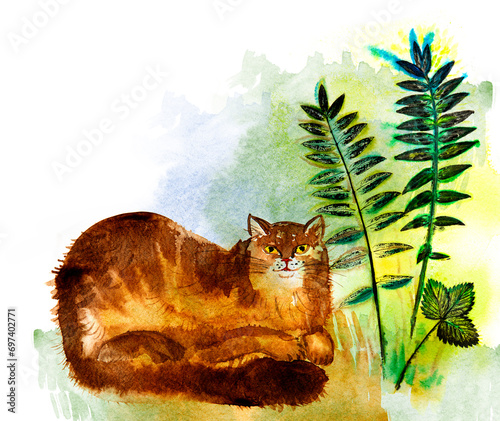 cute cat illustraion hand paited on a paper with aquarelle colors