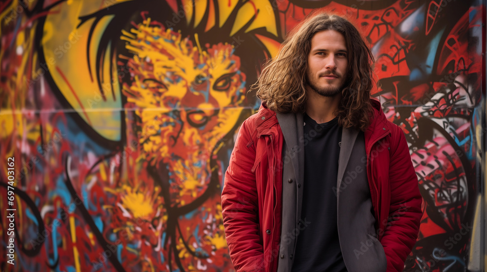 Fototapeta premium Man against the bright colored wall with graffiti generative AI