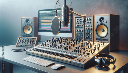 Vintage-inspired music studio with synthesizer, headphones, and microphone in a sleek and professional setting.