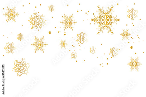 Gold snowflakes falling on white background. Golden snowflakes border. Luxury Christmas garland. Winter ornament for packaging, cards, invitations photo