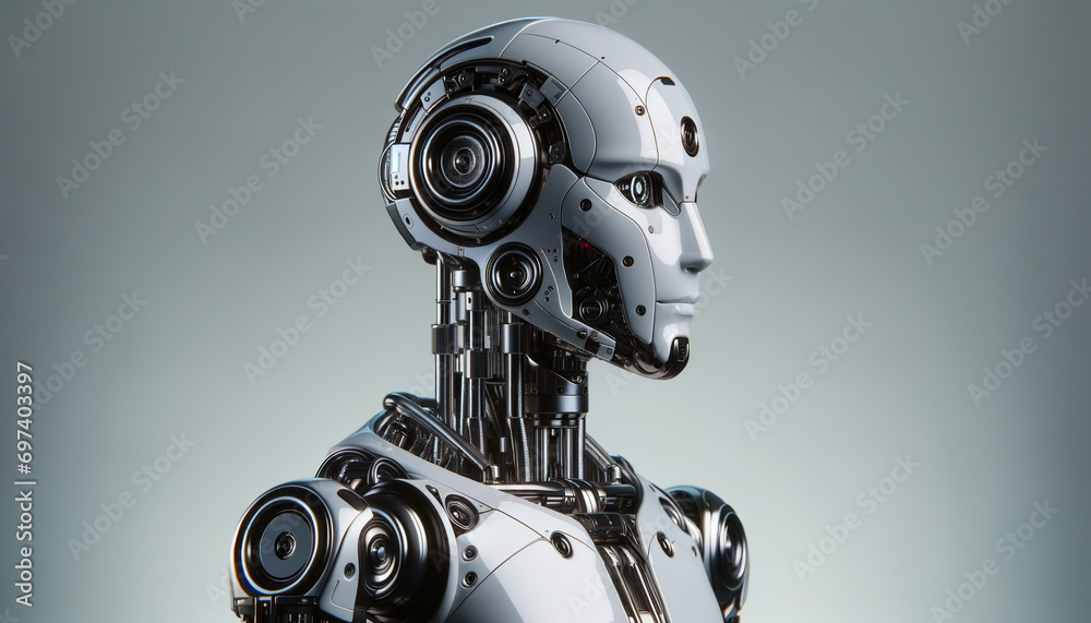 Sleek humanoid robot with 90s and Y2K design aesthetics in a well-lit studio Sleek humanoid robot with 90s and Y2K design aesthetics in a well-lit studio