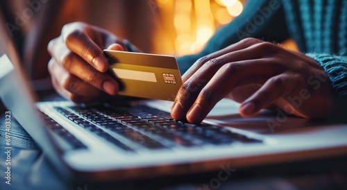 Hands holding plastic credit card and using laptop. Online shopping concept. Toned picture photo