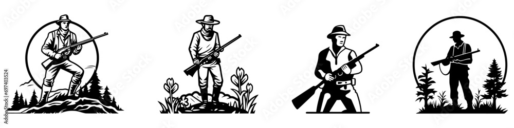 Hunting Club Logo set Template. Silhouette of a hunter on a white background Hunting Club Logo set Template. Silhouette of a hunter on a white background