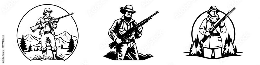 Hunting Club Logo set Template. Silhouette of a hunter on a white background Hunting Club Logo set Template. Silhouette of a hunter on a white background