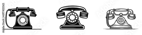 Set of vector logo of hand drawn illustration of retro phone in vintage engraved style