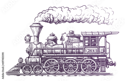 Vintage steam train locomotive, engraving style vector illustration. Hand drawn sketch retro transport