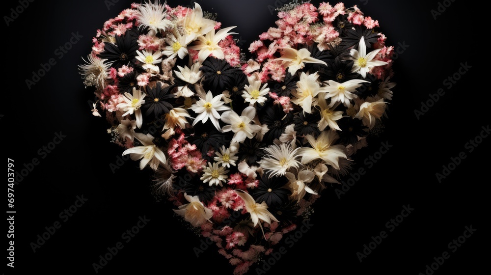 Heart shape made of flowers black background, valentines