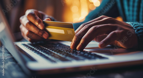 Hands holding plastic credit card and using laptop. Online shopping concept. Toned picture.