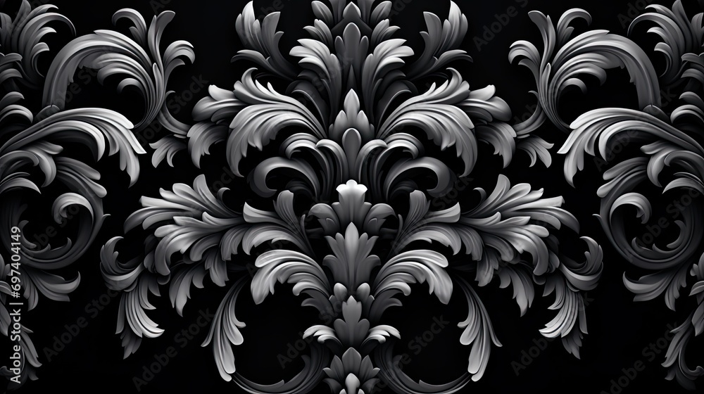 Silver damask pattern on black background - obrazy, fototapety, plakaty 