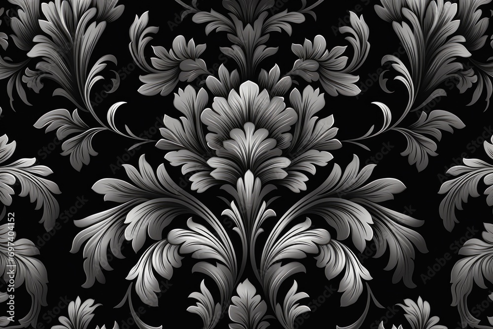 Silver damask pattern on black background Silver damask pattern on black background