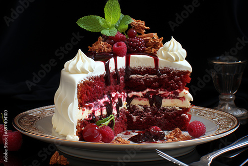 Plate with piece of delicious red velvet cake. AI Generative