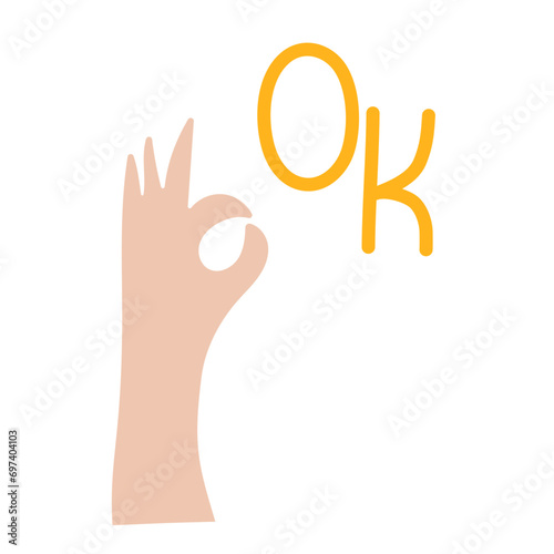 Hand showing Okey. Lettering OK and gesture fingers
