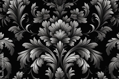 Silver damask pattern on black background