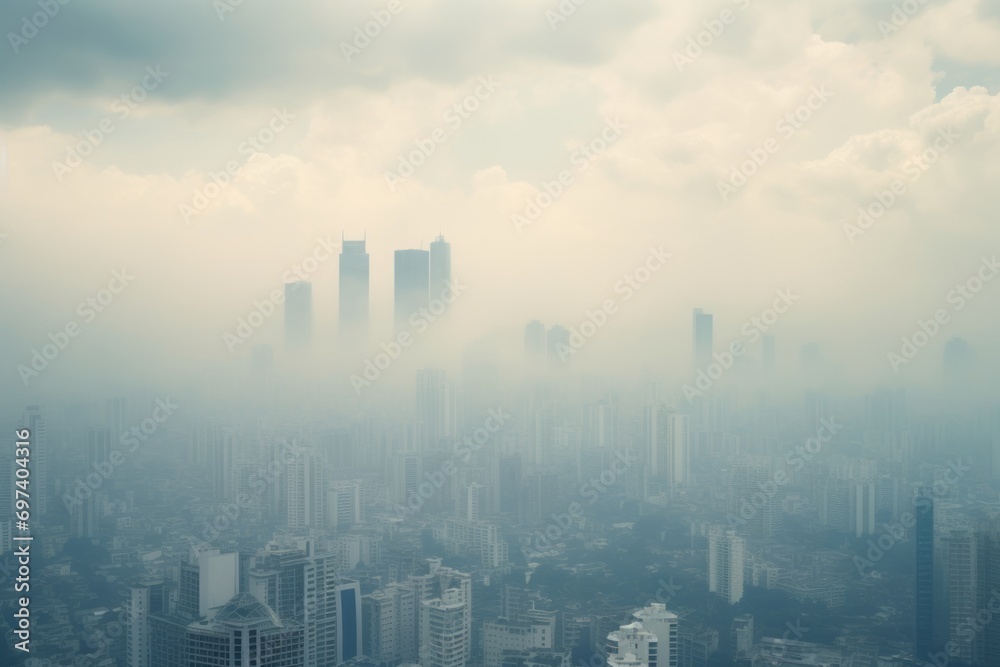 Aerial view of modern city with skyscrapers in fog. Aerial view of modern city with skyscrapers in fog.
