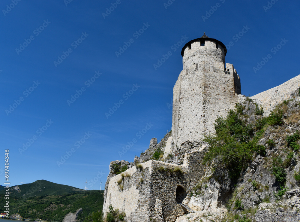 A part of the Golubac fortress in Serbia, Europe and blue sky.