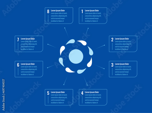 swirling water drops infographic template. eight steps infographic template. water drop informational template. web, internet, annual report, education, magazine infographic template