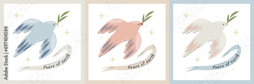 Concept for world peace day postcard with dove branch. Poster with symbol, no war, world day of peace, equality and love.international peace day pigeon with branch leaves white background. set