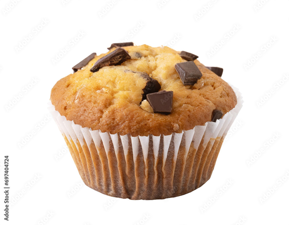 Muffin mit Schokostücken isoliert auf weißen Hintergrund Muffin mit Schokostücken isoliert auf weißen Hintergrund