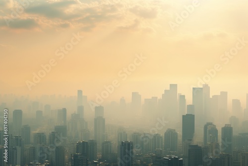 Foggy cityscape with skyscrapers and buildings at sunset