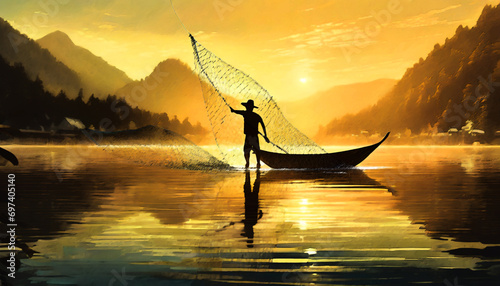Net Fishing at Sunset