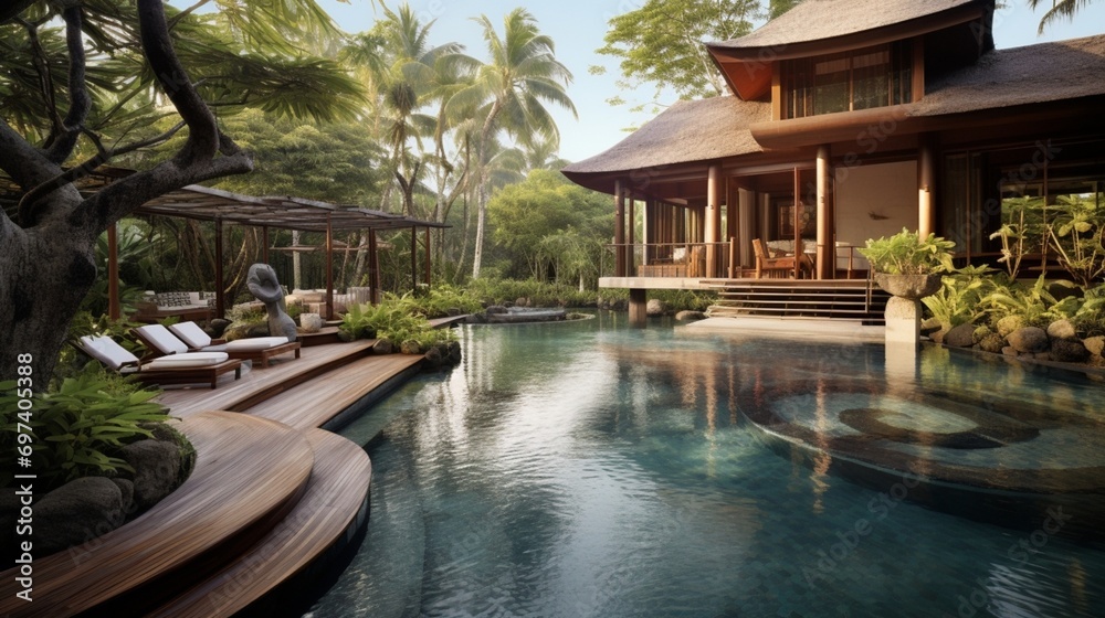 A luxurious private pool with a wooden bridge over a portion of the water