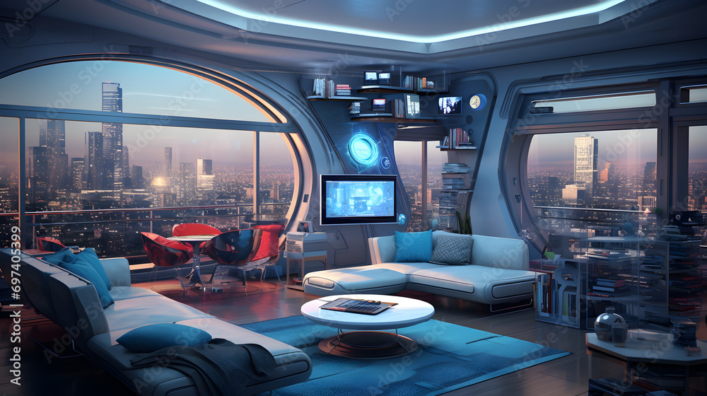 Interior of a modern futuristic-looking smart home design Interior of a modern futuristic-looking smart home design