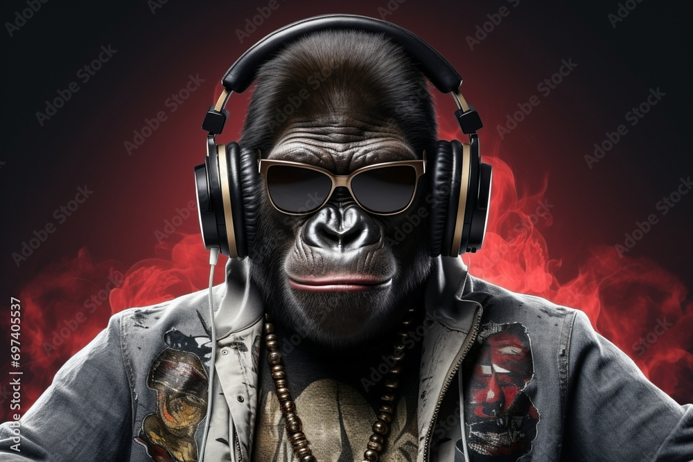 Gorilla with headphones and sunglasses