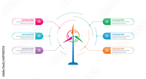 six steps wind energy information template. wind power infographic template. presentation, annual report, web, internet infographic template