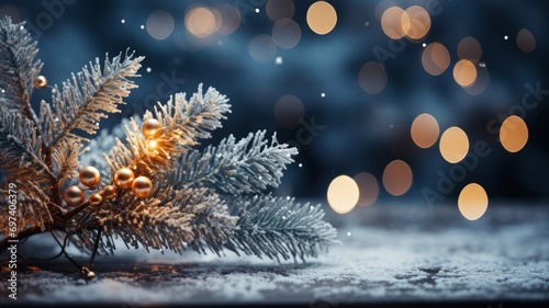 Snow covered Christmas tree branch with bokeh lights in the background and decorations. © senadesign