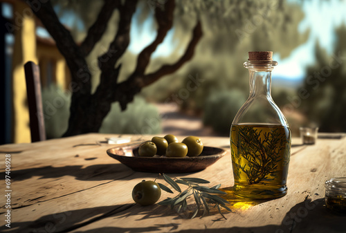 Olive oil on the table. Generative AI,
