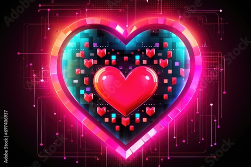 Neon Circuit Heart with Digital Love Pixels