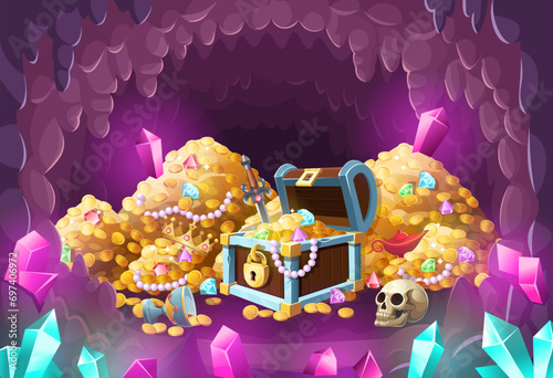 Cave with heaps of gold. Cave with stalactites, stalagmites and shining crystals