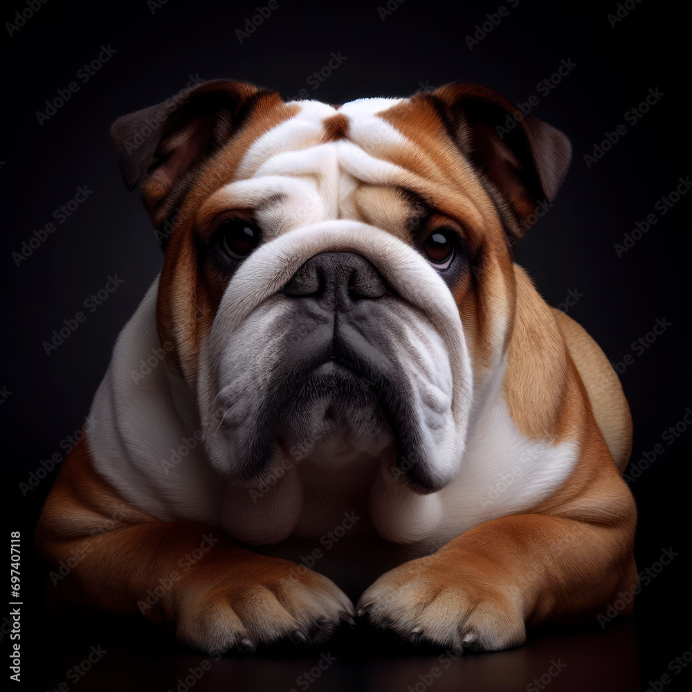 an English Bulldog isolated on black background. ai generative