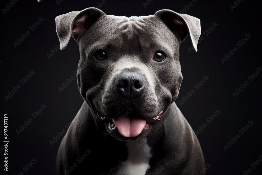 an American Pit Bull Terrier dog isolated on black background. ai generative